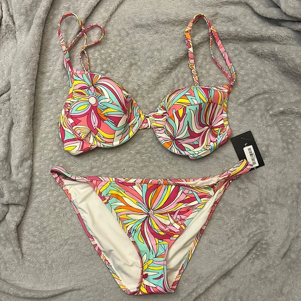 Kate Spade Pink Yellow Floral Underwire Bikini Size Large New